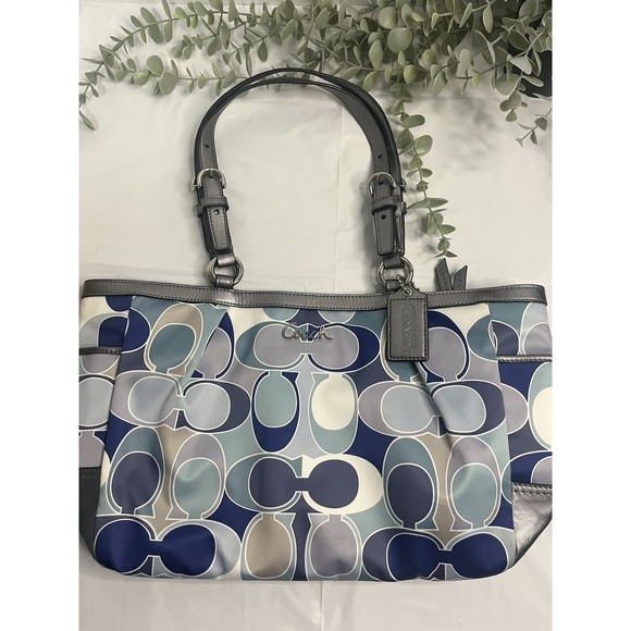 Coach Signature Op Art Scarf Print Blue Sateen Gallery Tote Handbag - Picture 1 of 12